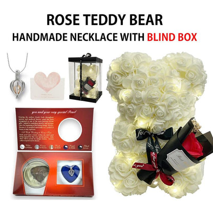 Romantic Valentines Day Gift for Her, Artificial Flowers Necklace Rose Teddy Bear with Real Pearl Blind Box Birthday Gift, Valentiness Day Gift for Monther Wify Girl
